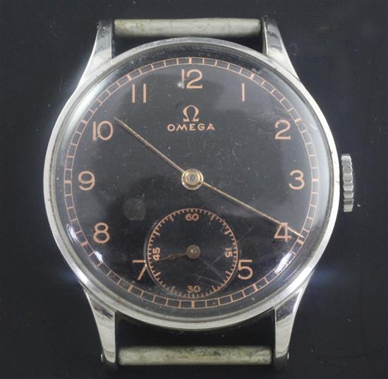 A gentlemans early 1940s stainless steel Omega manual wind wrist watch, no strap.